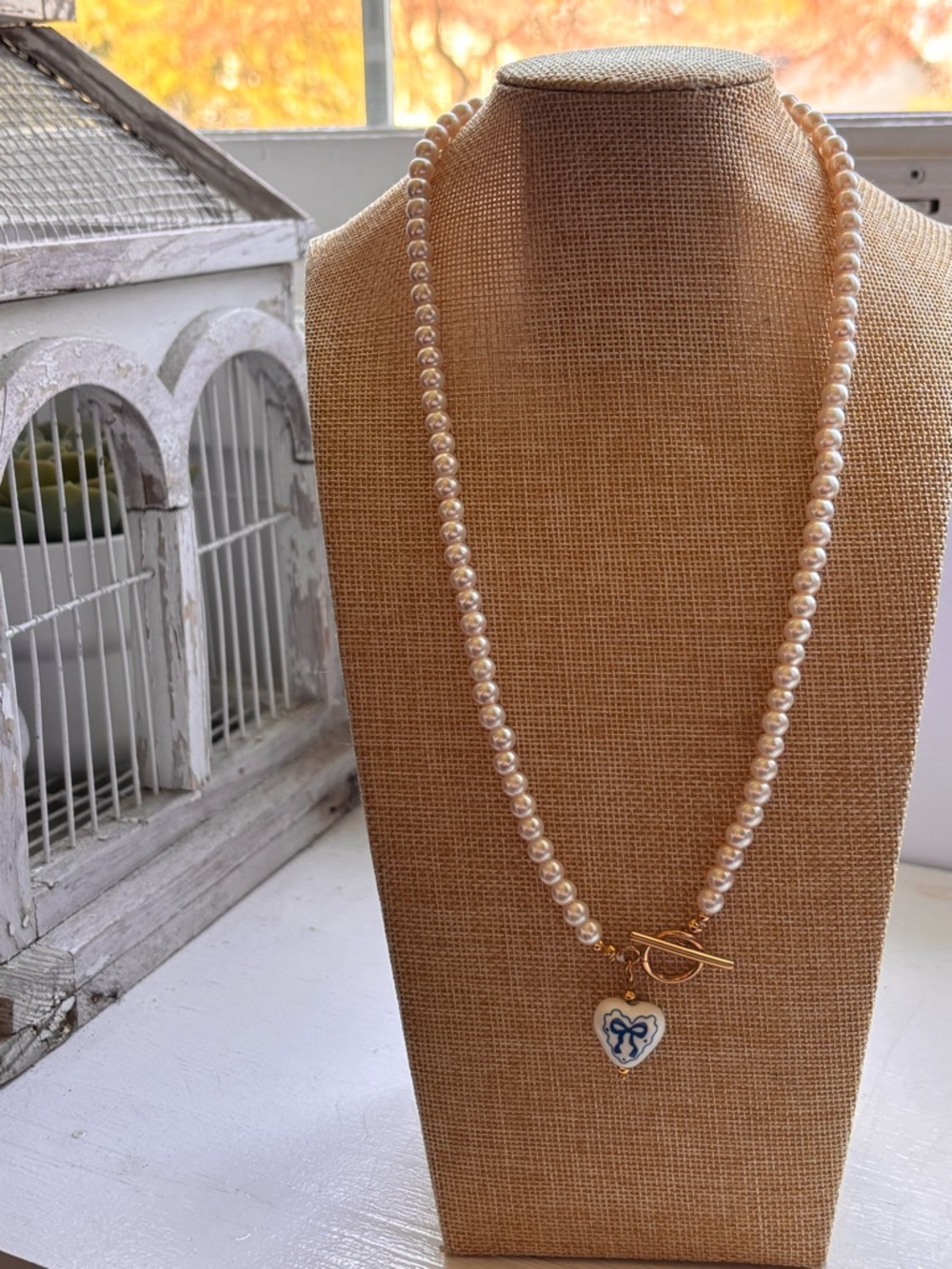 Glass Pearl Necklace with Blue and White Heart Charm - Gold Toggle - Picture 3 of 3